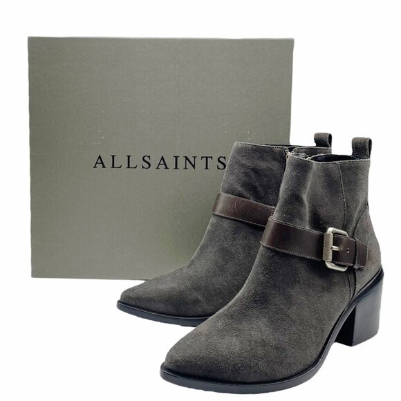 NWT AllSaints Jason Boot Charcoal Gray Suede Buckle Ankle Bootie Women’s Size 9 - Picture 2 of 16